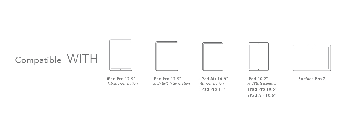Compatible with: iPad Pro 12.9" 1/2 Generation, iPad Pro 12.9" 3/4 Generation, iPad Pro 11", iPad Pro 10.5", iPad Air 10.5", iPad 10.2", Surface Pro 7